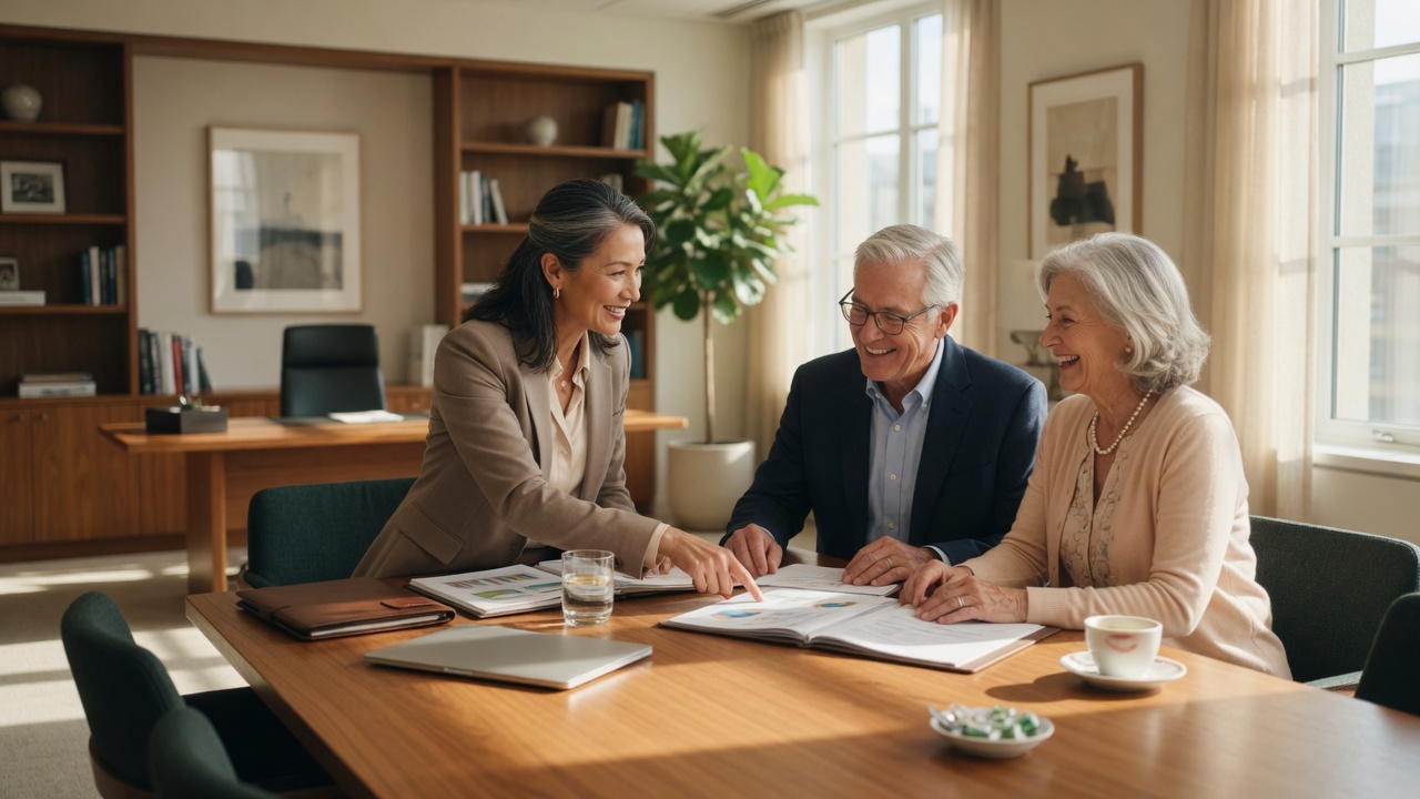 Advisor meeting with a couple in a warm office