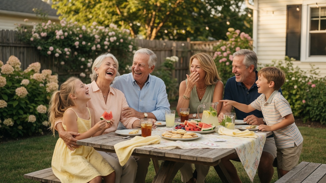 Three generations of a family gathered together outdoors