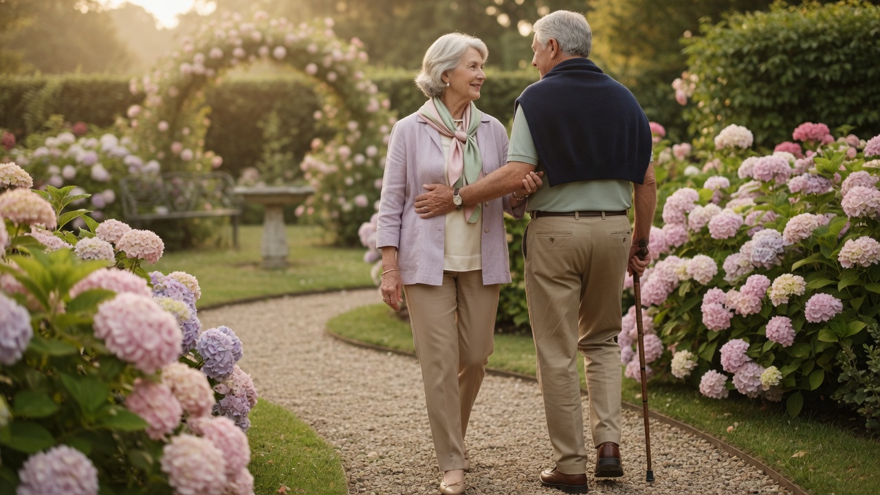 A senior couple tending their garden together on a sunny day