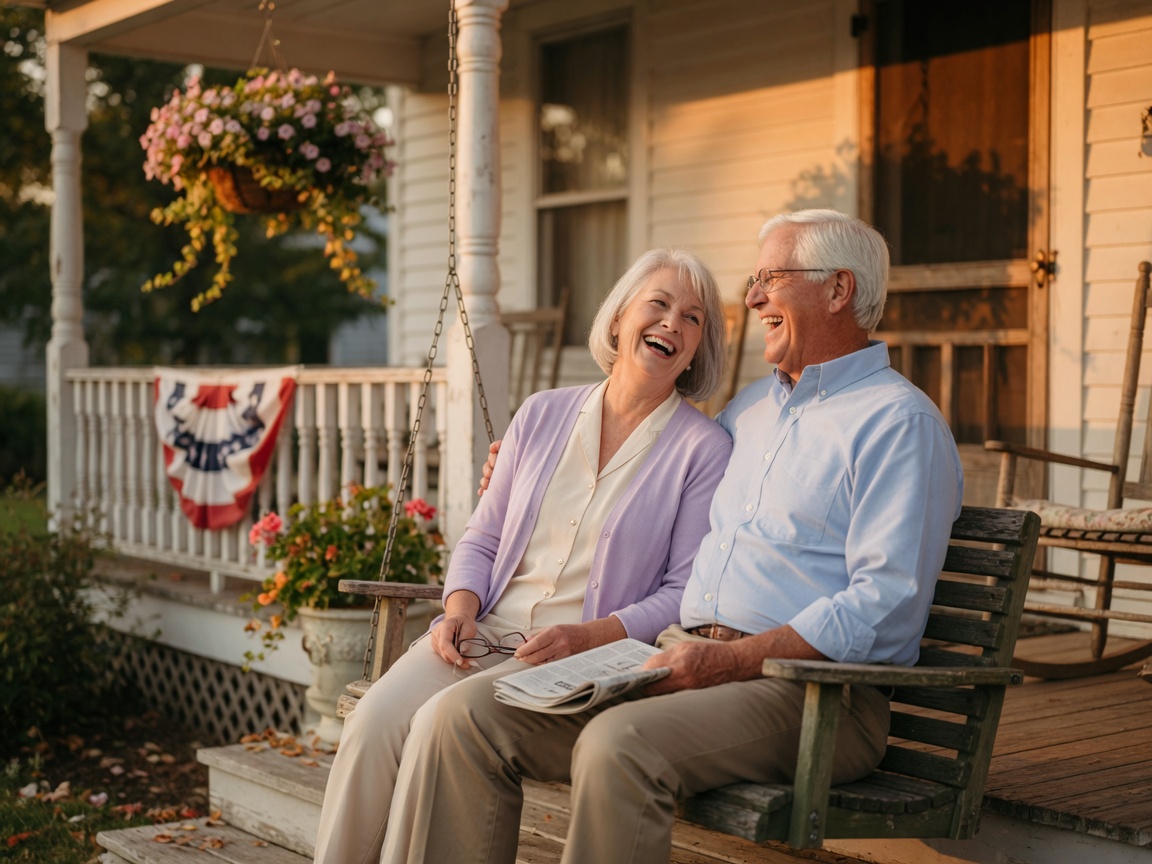 A happy couple relaxing together on their front porch at golden hour