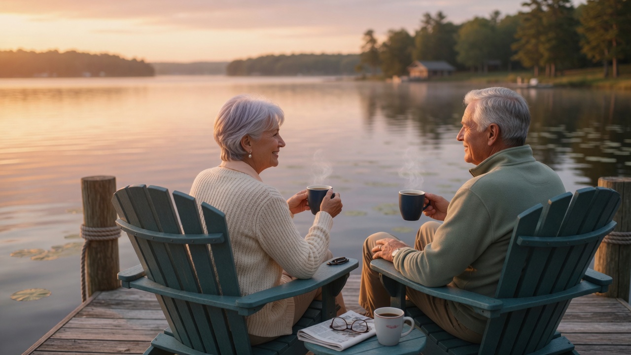 A retired couple enjoying a quiet moment together by a lake