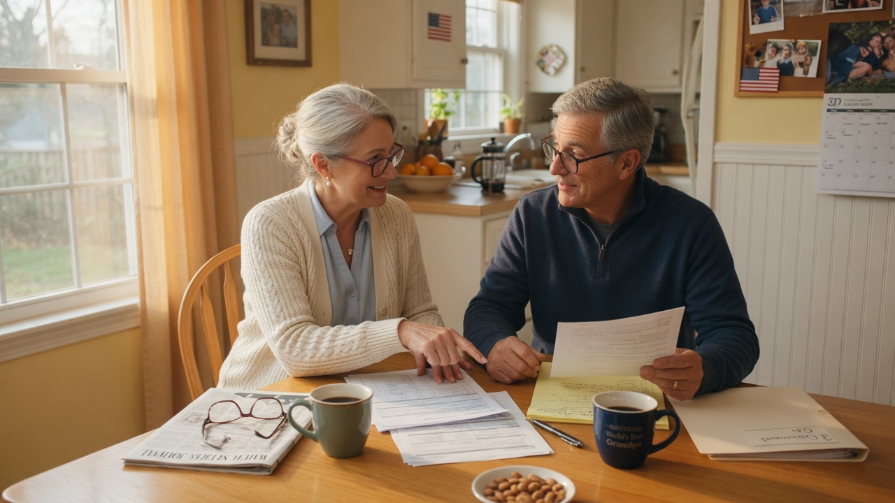 A couple reviewing financial paperwork together at their kitchen table